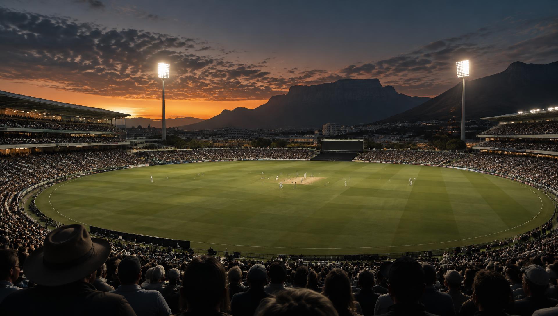 Floodlit cricket stadium at dusk in South Africa